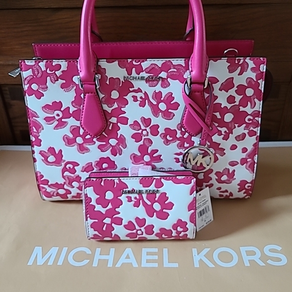 Michael Kors Women's Pink Sheila Medium Sequined Floral Print Satchel &Wallet
